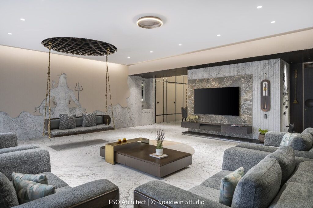 Modern living room featuring a unique swing, elegant decor, and a stylish entertainment area with marble accents.