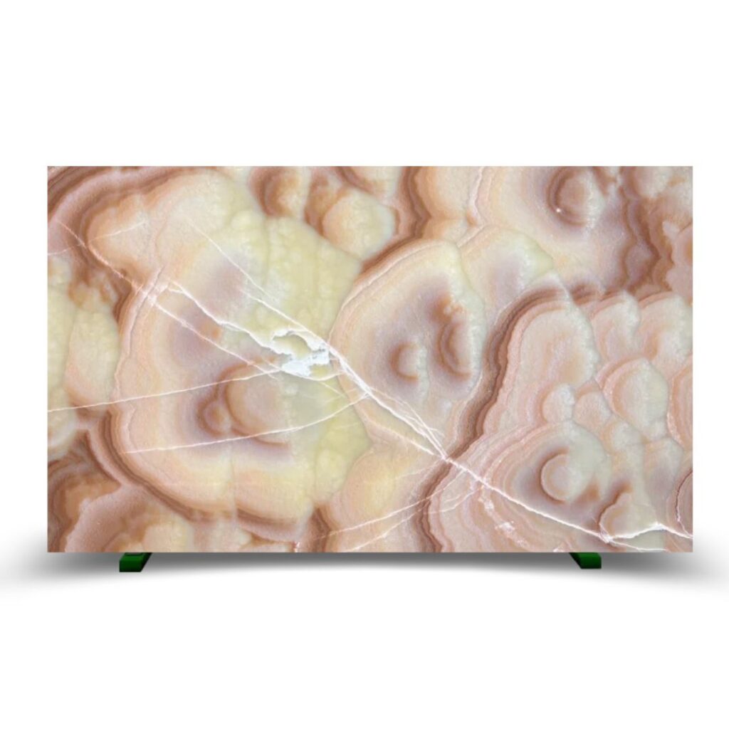 Honey onyx displays swirling patterns of amber and cream hues, showcasing its unique natural beauty and texture.