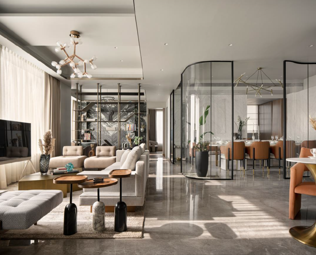 Modern interior design showcasing a spacious living area and dining space with elegant furnishings and natural light.