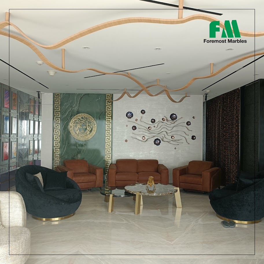 Modern lounge area featuring stylish seating, decorative wall art, and elegant marble accents by Foremost Marbles.